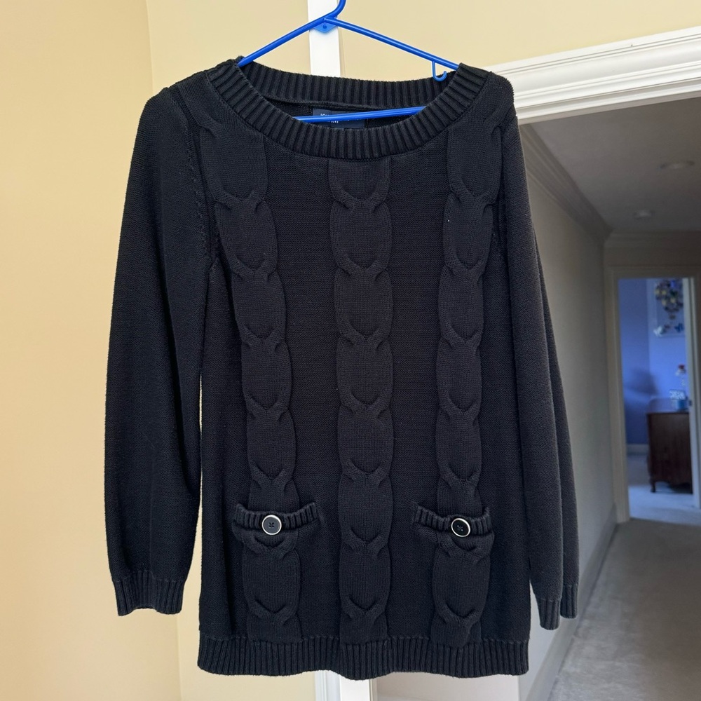FREE🌟JONES NEW YORK SIGNATURE Navy Blue Sweater Cable Knit w/ Button Pockets L